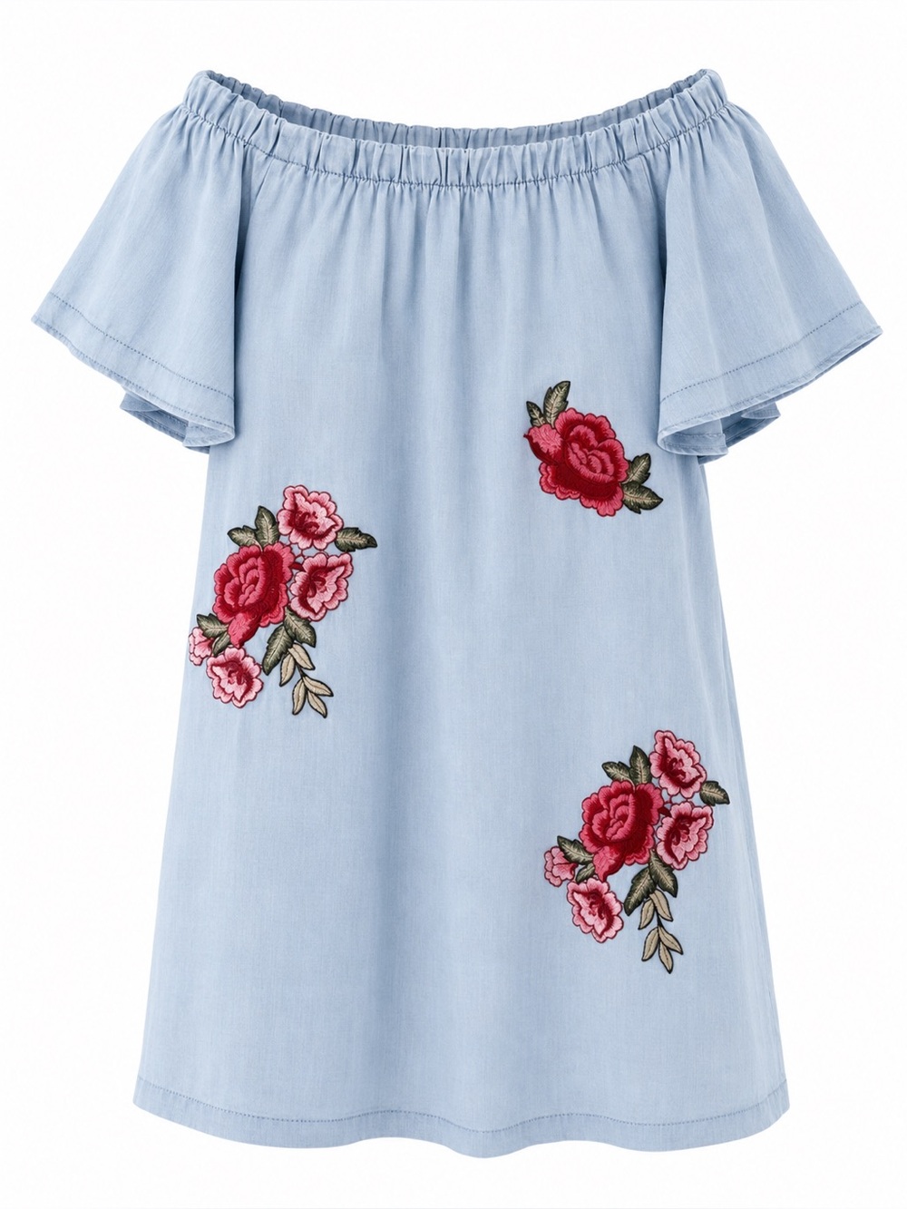Light Blue Off-Shoulder Dress With Floral Embroidery By a.n.a Size L 100% Lyocel